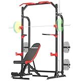 SunHome Power Cage Squat Rack with Bench, Multi-Functional Power Rack with J-Hooks, Dip Handles, Weight Plate and Olympic Bar Storage Home Gym