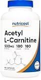 Nutricost Acetyl L-Carnitine (ALCAR) 500mg, 180 Capsules, 180 Servings - Non-GMO and Gluten Free, 1 Capsule per Serving