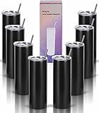 Wzaytia 20 Oz Stainless Steel Straight Skinny Tumbler Set (8 Pack), Insulated Slim Thin Travel Cup with Lid, Black