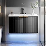 ELEVACHIC 30" Bathroom Vanity with Sink, Modern Wall Mounted Floating Vanity Cabinet, Modern Bathroom Sinks with LED Light, Metal Handle & Double Soft-Close Doors, Black