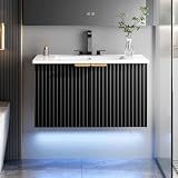 ELEVACHIC 30" Bathroom Vanity with Sink, Modern Wall Mounted Floating Vanity Cabinet, Modern Bathroom Sinks with LED Light, Metal Handle & Double Soft-Close Doors, Black