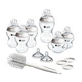 Tommee Tippee Natural Start 12 Piece BPA Free Bottle Set, Includes 2 x 5 oz, 3 x 9 oz, 1 x 11 oz Bottles, Newborn 0+ Months, Slow, Medium & Thicker Flow Breast-Like Nipples, Cleaning Brush, Clear