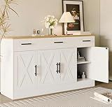 SUNLEI Buffet Cabinet with Storage, Farmhouse Storage Cabinet with 4 Doors and 3 Drawers, Coffee Bar Station Wood Buffet Table with Adjustable Shelf for Living Room, White