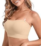 DEANGELMON Strapless Bras for Women Comfort Non-Slip Seamless Padded Bralette Clear Straps Wireless Tube Top Bra Nude Large