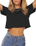 Womens Crop Tops Short Sleeve Round Neck Cropped Summer T Shirts, Black, M