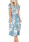DB MOON Women Casual Short Sleeve Dresses Empire Waist Knee Length Dress with Pockets (Flower Light Blue, L)