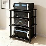 RAJYQODIS Heavy Duty Audio Component Rack, Large Storage Space AV Media Stand with Shock-Absorbing Foot pegs, Audio Rack Tower CD Player Stand for Home/Office/Audio Video/Theate (Black, 4th)