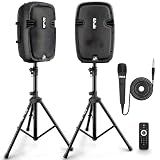 Powered PA Speaker System Active & Passive Bluetooth Loudspeakers Kit with 8 Inch Speakers, Wired Microphone, MP3/USB/SD/AUX Readers, Speaker Stands- PYLE PPHP849KT.5,Black