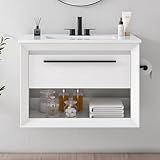 IRONCK 30" Bathroom Vanity with Sink, Wall Mounted Bathroom Vanity with 1 Drawer ＆ 1 Open Shelf, Modern Floating Bathroom Sink Cabinet with Undermount Ceramic Sink, Easy Assembly, White