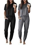 Ekouaer 2 Pack Womens Pajama Short Sleeve Jogger Pants Pjs Lounge Set