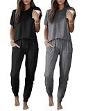 Ekouaer 2 Pack Womens Pajama Short Sleeve Jogger Pants Pjs Lounge Set