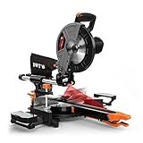 DWT Sliding Compound Miter Saw with 3 Blades, 15A 10", Double Speed (4500 RPM & 3200 RPM), Bevel Cut (0°-45°) with Laser, Extension Table, Iron Blade Guard, Cutting Wood, PVC or Soft Metal