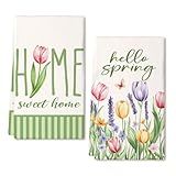 DineDia Tulip Hello Spring Kitchen Towels Set of 2,Green Floral Dish Hand Towels Farmhouse Indoor Outdoor Holiday Seasonal Decorations DD094