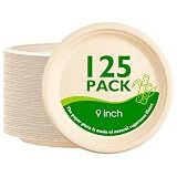 PACKINNO 9 Inch Compostable Paper Plates 125 Pack, Disposable Heavy Duty Plates, Biodegradable Round Unbleached Brown Plates Made from Natural Sugarcane Fibers, for Party, Camping, Picnic