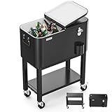 VINGLI 60 Quart Rolling Ice Chest on Wheels, Portable Patio Party Bar Drink Cooler Cart, with Shelf, Beverage Pool with Bottle Opener,Water Pipe (Black, 60QT)