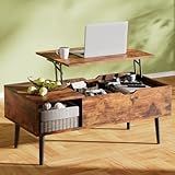 OLIXIS Wood Lift Top Coffee Table with Hidden Compartment and Large Storage Shelf, Lift Tabletop Dining Center Table for Home Living Room Office, Natural Wood