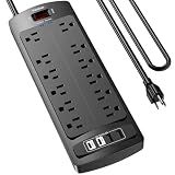 6 Ft Extension Cord Power Strip, Teiobar Surge Protector with 12 AC Outlets and 4 USB Ports for Home, Office, Dorm Essentials, 2700 Joules, ETL Listed, Black