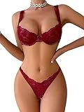 Lilosy Sexy Floral Lace Scallop Underwire Push Up Sheer Lingerie Set Outfits Women See Through Match Thong Bra and Panty 2 Piece Burgundy Red #2 Medium