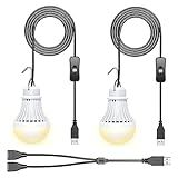 2 Pack USB LED Camping Lantern, 8.2 ft Extra Length Cord Tent Light with USB Y-Cable, Portable LED Bulb for Garage, Warehouse, Car, Truck, Fishing Boat, Room, Emergency Light, Warm