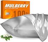 100% Mulberry Silk Pillowcase for Hair and Skin, 22 Momme Pure Natural Silk Pillow Case Both Sided with Zipper, Pillow Cover for Women Mom Men(Silver Grey, Standard 20''×26'')