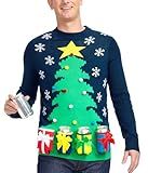 Tipsy Elves Men's Ugly Christmas Sweaters - Funny and Tacky Embellished Christmas Sweaters for Men - Blue Christmas Tree Sweater with Ornaments and 4 Present Beer Holsters Size X-Large