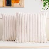 Aegero Pack of 2 Faux Fur Christmas Throw Pillow Covers 18x18 Inch, Soft Plush Striped Neutral Couch Pillow Cover, with Velvet Back Modern Home Decor for Sofa Living Room Couch Bed Cream White