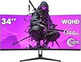 CRUA 34 Inch Curved Gaming Monitor, 21:9 WQHD (3440 * 1440P) 120% sRGB 144Hz 1500R Ultrawide Computer Monitor Support Freesync, HDMI 2.0 & Displayport 1.4, Wall Mountable/Tilt Adjustable-Black