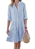 utcoco Womens Striped Button Down Midi Shirt Dress Casual Loose Cuffed Long Sleeve Mid Long Dresses (Large, Blue)