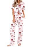 Ekouaer Women's Pajama Sets Button Down Loungewear Short Sleeve Sleepwear 2 Piece Pants Pjs Set with Pockets Red Bow M