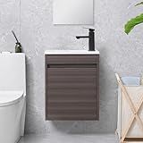 USBATHJOY 16" Bathroom Vanity Sink Combo for Small Space, Wall Mounted Bathroom Cabinet Set with White Resin Basin Sink Top Black Faucet Pop Up Drain Dark Walnut