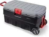 Rubbermaid ActionPacker 35 Gallon, Made in USA, Lockable Plastic Storage Bin with Lid and Wheels- Outdoor, Industrial, Rugged, Camping Gear and Truck Bed Storage - Gray and Black
