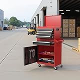 Osparple Rolling Tool Chest 5 Drawers Tool Box Garage Storage Cabinet Steel Frame 2 in 1 Tool Cart with Universal Lockable Wheels, Detachable Top and Adjustable Shelf for Garage, Red