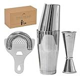 A Bar Above Cocktail Shaker Set, 4-Piece Professional Bartender Kit with Boston Shaker, Strainer and Jigger, Stainless Steel Bar Accessories for Craft Cocktails, Silver