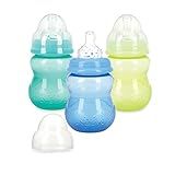 Nuby Wide Neck Non-Drip Bottle - Baby Bottles with Anti-Colic Vari-Flo Valve - (3-Pack) 8 oz - 0+ Months - Yellow, Blue, Green