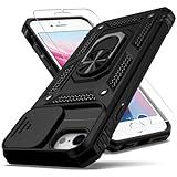 YZOK for iPhone SE Case 2022/3rd/2020/2nd gen/8/7,with Camera Lens Cover HD Screen Protector,[Military Grade] Car Mount Kickstand Shockproof Protective Case for iPhone 8, Black