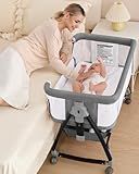 wayfong Baby Bassinet, Bassinet Bedside Sleeper with Wheels, Breathable Mesh Bedside Bassinet for Baby, Mosquito Net, Storage Basket, 6 Height Adjustable, Easy to Assemble