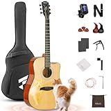 Fesley X Acoustic Guitar Kit, 41 Inch Full Size 6 String Cutaway Guitarra Acústica for Beginner Adults with Tuner, Gig Bag, Strap, Steel Strings, Capo, Pickguard, Picks, FD60C, Natural