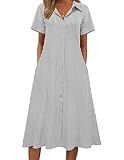 Zeagoo Plus Size Summer Dresses for Women 2026 Short Sleeve Cotton Linen Dress Casual Midi Button Down Beach Shirt Dress Long Sundresses Hawaiian Travel Boho Dresses Black Stripe 2XL