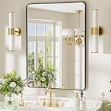 Dimelax 24x36 inch Black Bathroom Mirror, Metal Framed Rounded Rectangle Wall Mount Vanity Mirror, HD Tempered Glass, Aluminum Frame, Horizontal or Vertical Hanging, Modern Home Decor
