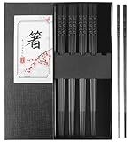 Fiberglass Chopsticks Reusable Set, 5 Pairs Black Gift-Boxed – Premium Non-Slip, Dishwasher Safe, Heat-Resistant 9.5 Inch Chop Sticks for Sushi, Ramen, Asian Dining