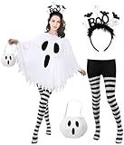 Snwquik 4 Pcs Ghost Costume Adult with Accessories,Ghost Costume Women Poncho/Bag/Headband/Tights Halloween Cosplay