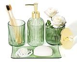 Designer Green Glass Bathroom Accessories Sets - 4 Pcs with Lotion Soap Dispenser, Bathroom Toothbrush Holder, Vanity Tray, and Apothecary Jar, Vintage Bathroom Decor, Gift Countertop Organizer