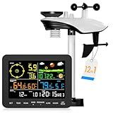 Weather Station Wireless, 12-in-1 Weather Station with Outdoor Sensor, Temperature, Rainfall, Wind Speed, Air Pressure, Humidity, Weather Forecast, Moon Phase, Alarm Clock for Garden (No WiFi)