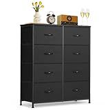 8-Drawer Dresser for Bedroom, Anti-Tip Tall Storage Organizer Chest of Drawers with Wooden Top and Metal Frame Fabric Bins for Closet, Living Room, Hallway, Entryway, Black