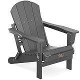 SERWALL Folding Adirondack Chair with Cup Holder for Outdoor, All-Weather Patio Chairs with Wood Texture, Fire Pit Chairs for Deck Porch Garden - Gray
