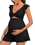 Charmo Ruffle Ribbed Maternity Swimsuit Pregnancy Bathing Suits Black XL