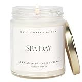 Sweet Water Decor Spa Day Soy Candle - Sea Salt, Jasmine, Wood and Cream Scented Spring Candles for Home - 9oz Clear Jar + Gold Lid, 40+ Hour Burn Time, Made in The USA