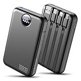 HAIARA Portable Charger 10000mAh Power Bank with 4 Built-in Cables,LED Display Compact and Battery Pack with Multiple USB Ports All-in-One Travel Charger for iPhone,Android and Other Devices-Black