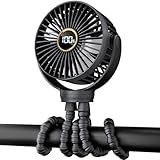 Portable Stroller Mini Fan, Small Rechargeable Personal Fan, Baby Travel Essentials for Wagon, Car Seat, Treadmill, Battery Powered Biking Gear Accessories, 360° Rotation, 3-Speed, Display, Black