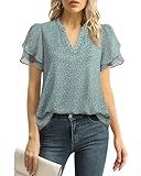 Lotusmile Women Blouses for Work, Chiffon Tops for Women Office Floral V Neck Work Shirts for Women Business Casual Ruffle Tops Short Sleeve Blouses Puff Sleeve Tops for Women, Medium